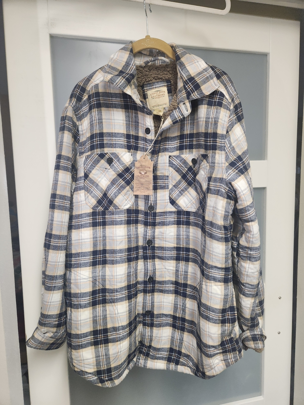 Plaid Sherpa-Lined Utility Jacket in Navy, Cream & Tan